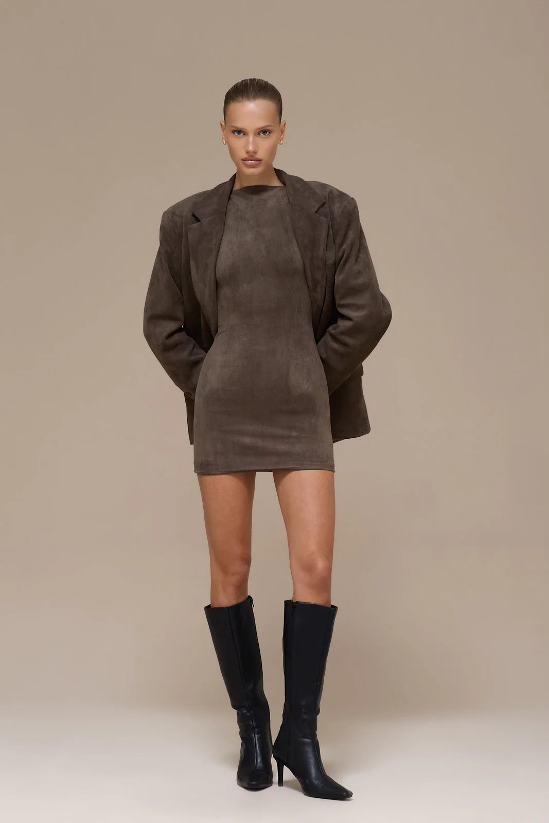 SUEDE MINI DRESS | DARK TAUPE - SALE - Image 16