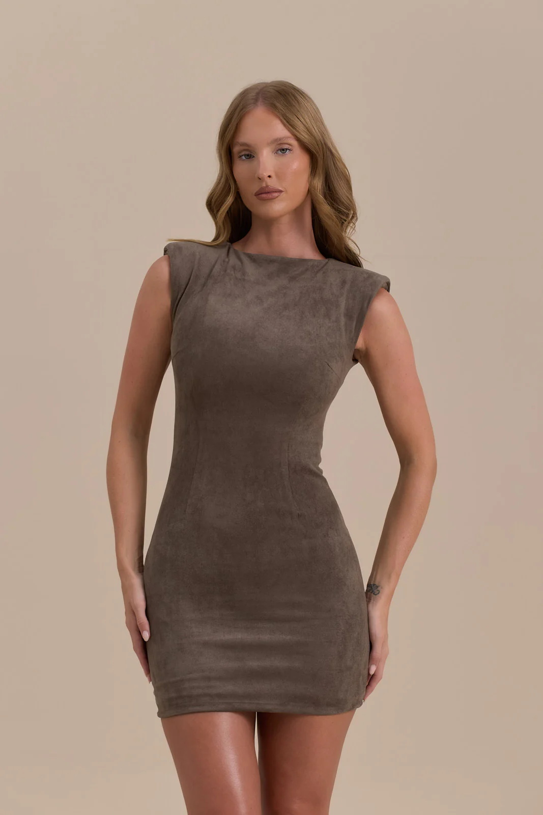 SUEDE MINI DRESS | DARK TAUPE - SALE - Image 4