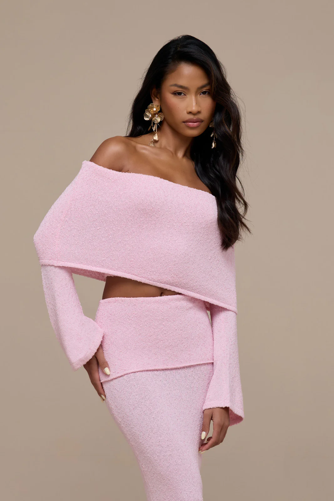 YASMIN BOUCLE LONG SLEEVE BARDOT TOP | BABY PINK - Image 2