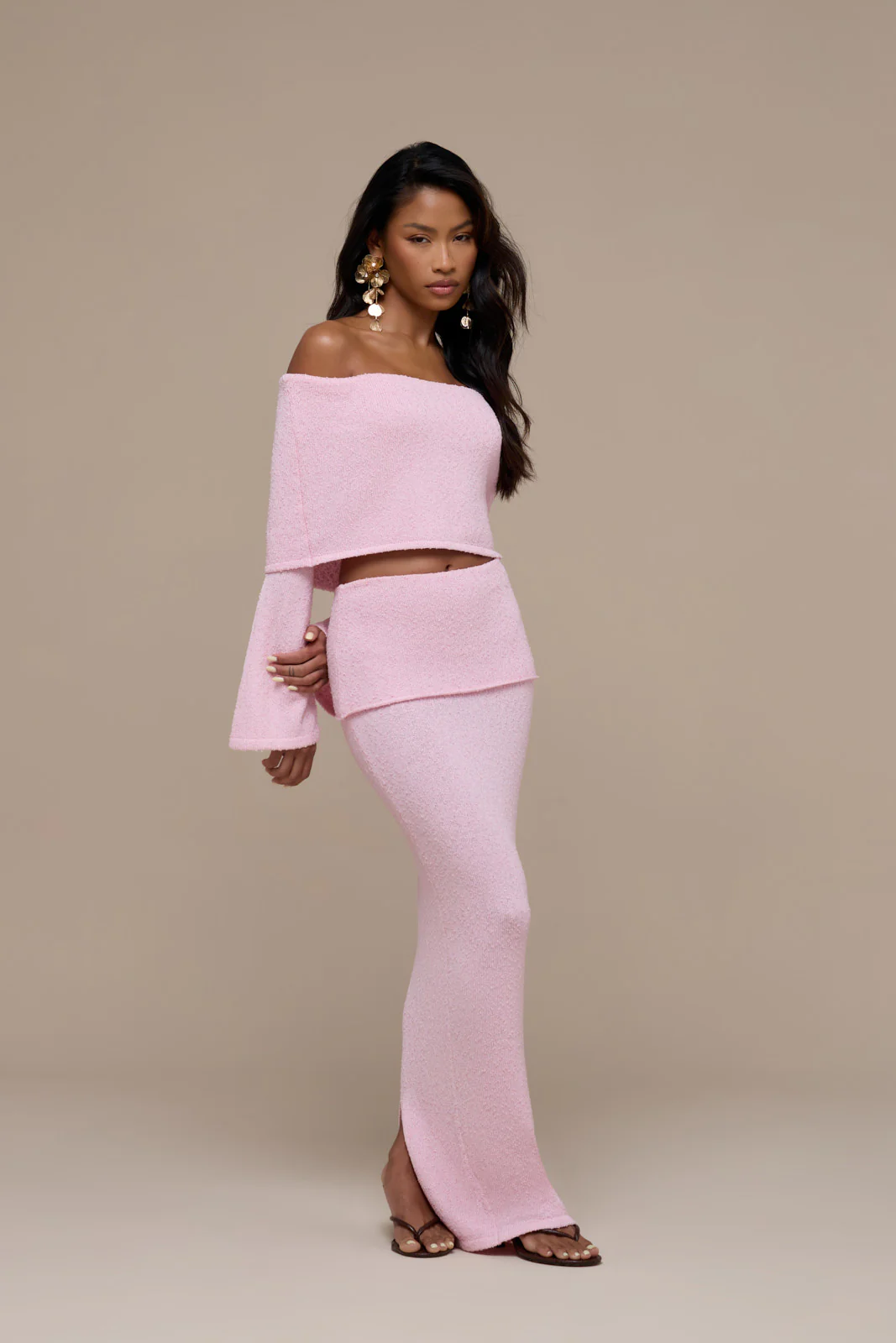 YASMIN BOUCLE LONG SLEEVE BARDOT TOP | BABY PINK - Image 7