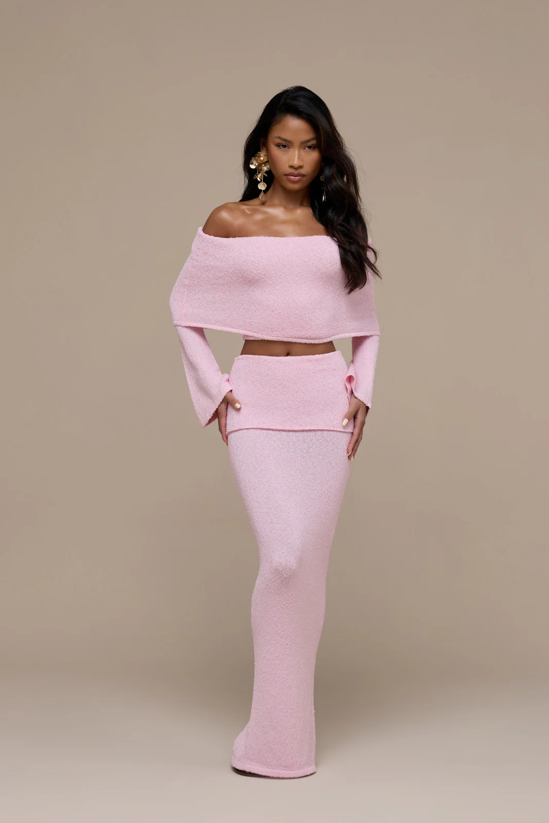YASMIN BOUCLE LONG SLEEVE BARDOT TOP | BABY PINK - Image 8